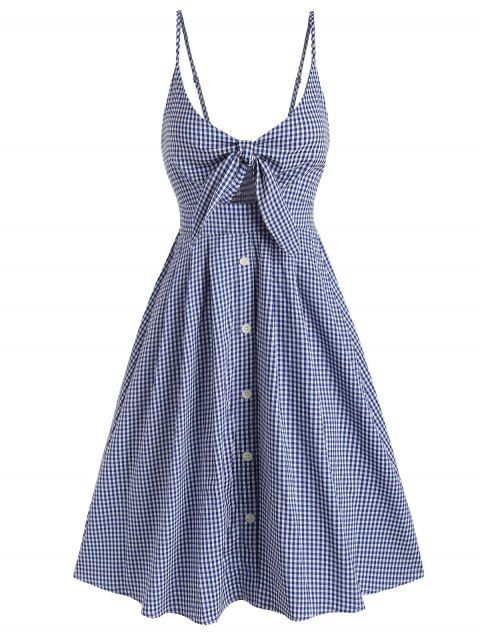 Plaid Print Casual Sundress A Line Knee Length Gingham Bowknot Ruched Mock Button Cut Out Dress