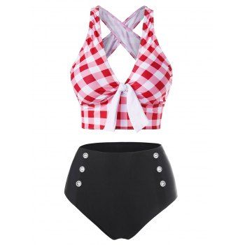 

Tummy Control Swimsuit Crisscross Mock Button Plaid Tankini Swimwear, Red