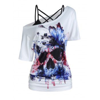 

Solid Color Crisscross Cami Top and American Flag Butterfly Skull Print Ruched T Shirt Two Piece Summer Set, White