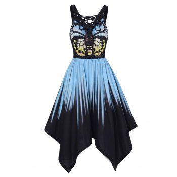 

Bohemian Midi Casual Dress Butterfly Print Contrast Colorblock Handkerchief Lace Up High Waist Summer Dress, Multicolor