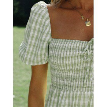 Garden Party Dress Fresh Style Midi Vacation Dress Plaid Print Ruched Bowtie Tiered Puff Sleeve Summer Vacation A Line Dress