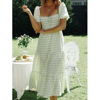 

Garden Party Dress Fresh Style Midi Vacation Dress Plaid Print Ruched Bowtie Tiered Puff Sleeve Summer Vacation A Line Dress, Green