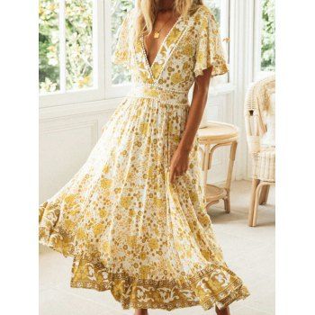 

Garden Party Dress Bohemian Maxi Dress Star Floral Print Lace Insert Plunging Neck High Waist A Line Summer Vacation Dress, Multicolor