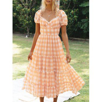 

Garden Party Dress Cottagecore Style Vacation Dress Plaid Print High Waist Puff Sleeve Tied Back Summer Midi Tiered Dress, Dark orange