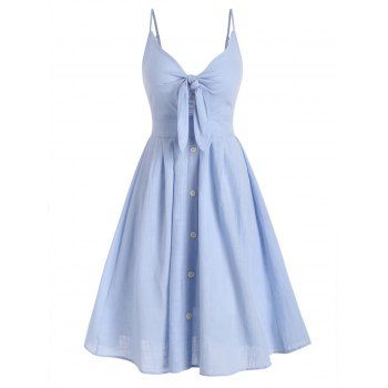 

Casual Sundress Solid Color Ruched Bowknot Cut Out Mock Button High Waist Knee Length A Line Dress, Light blue