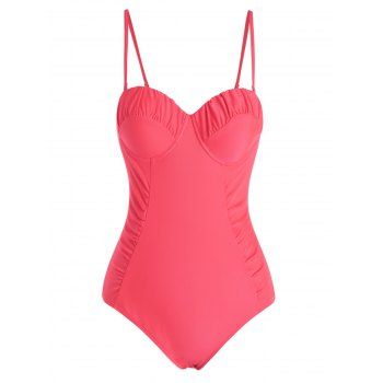 

Push Up Corset Bright One-piece Swimsuit Ruched Solid Color Underwire Spaghetti Strap Swimwear, Light pink