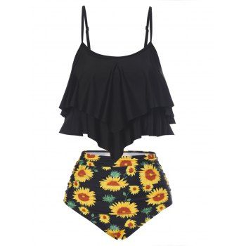 

Beach Tummy Control Tankini Swimsuit Leaf Floral Sunflower Print Ruched High Waist Layered Summer Swimwear, Black