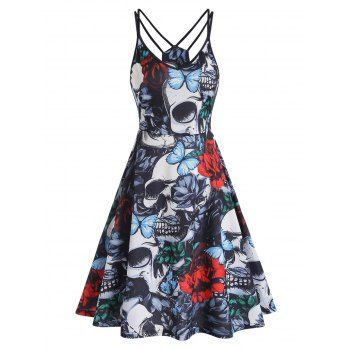 

Gothic Casual Midi Dress Skull Butterfly Rose Print Cut Out High Waist Dual Strap Sleeveless A Line Summer Dress, Black