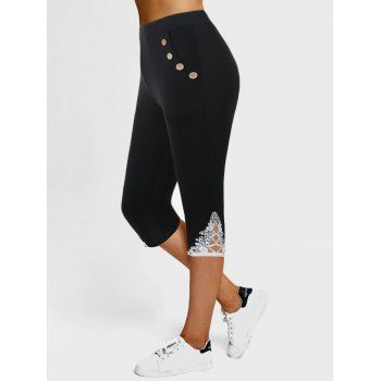 

High Waisted Lace Applique Capri Leggings, Black