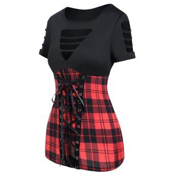 

Vintage Casual T Shirt Plaid Print Lace Up Ladder Cut Out High Waist Short Sleeve Summer Tee, Black