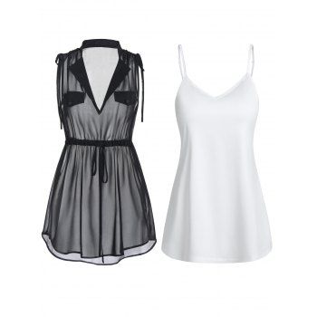 

See Thru Cinched Tie V Neck Blouse And Basic Camisole Two Piece Set, Black