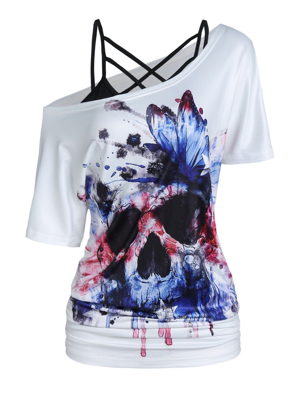 Solid Color Crisscross Cami Top and American Flag Butterfly Skull Print Ruched T Shirt Two Piece Summer Set - WHITE M