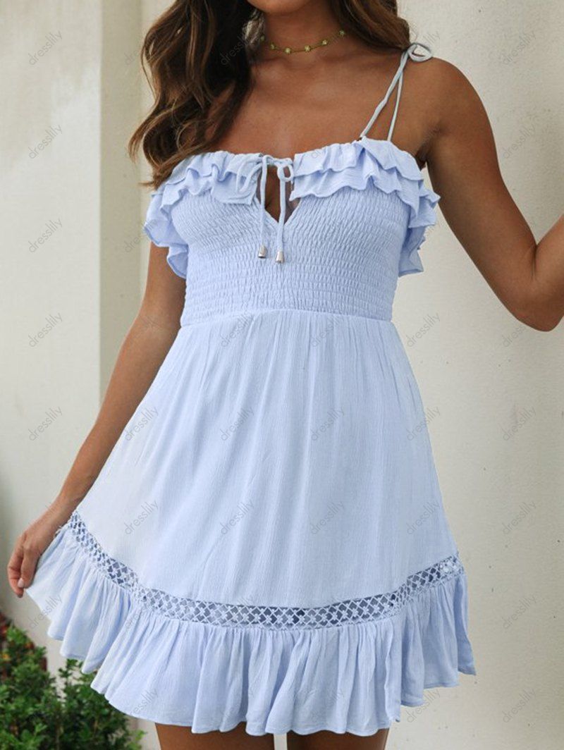 Garden Party Dress Mini Vacation Dress Solid Color Bowknot Cut Out Ruffle Ruched Hollow Out Lace Insert A Line Summer Dress 
