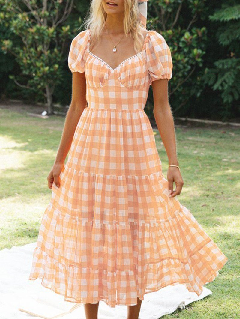 Garden Party Dress Cottagecore Style Vacation Dress Plaid Print High Waist Puff Sleeve Tied Back Summer Midi Tiered Dress - DARK ORANGE M