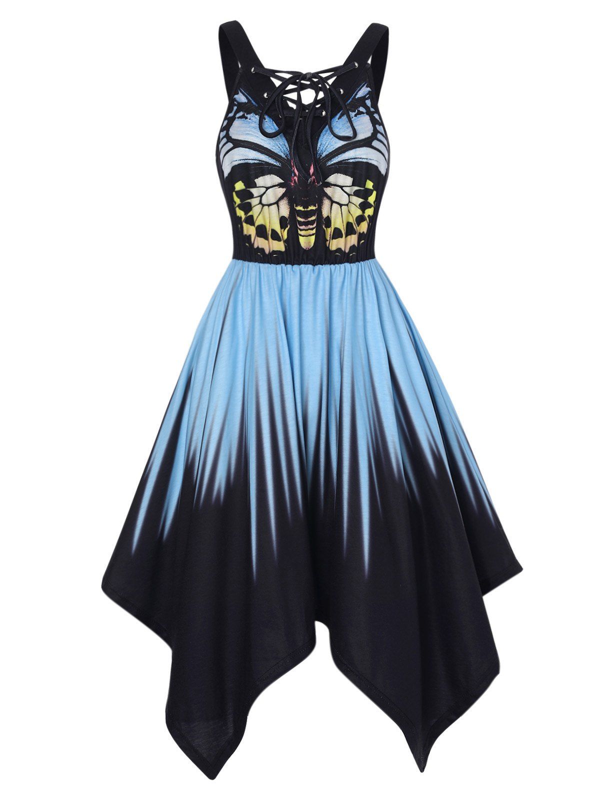 Bohemian Midi Casual Dress Butterfly Print Contrast Colorblock Handkerchief Lace Up High Waist Summer Dress - multicolor XL