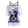 Solid Color Crisscross Cami Top and American Flag Butterfly Skull Print Ruched T Shirt Two Piece Summer Set - WHITE M