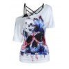 Solid Color Crisscross Cami Top and American Flag Butterfly Skull Print Ruched T Shirt Two Piece Summer Set - WHITE XXL