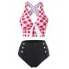 Tummy Control Tankini Swimsuit Plaid Print Swimwear Crisscross Mock Button Knotted Summer Beach Bathing Suit - BLACK M