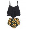 Beach Tummy Control Tankini Swimsuit Leaf Floral Sunflower Print Ruched High Waist Layered Summer Swimwear - BLACK L