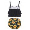 Beach Tummy Control Tankini Swimsuit Leaf Floral Sunflower Print Ruched High Waist Layered Summer Swimwear - BLACK M