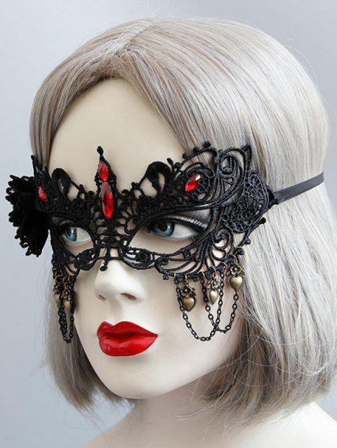 Vintage Halloween Mask Hollow Out Lace Gem Heart Charms Chain Rose Tied Back Gothic Hair Accessory