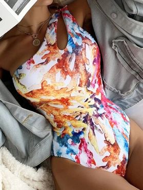Beach One-piece Swimsuit Allover Coral Print One Shoulder Cut Out Summer Vacation Swimwear