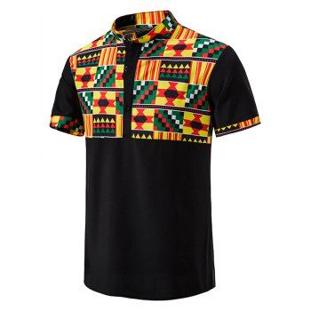 

Ethnic Shirt Geometric Print Short Sleeve Half Button Stand Collar Summer Casual Shirt, Black