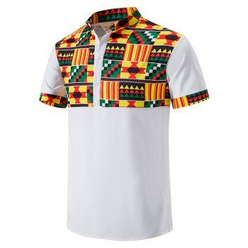 

Ethnic Shirt Geometric Print Short Sleeve Half Button Stand Collar Summer Casual Shirt, White