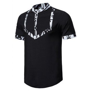 

Summer Casual Shirt Geometric Print Insert Stand Collar Short Sleeve Half Button Ethnic Shirt, Black