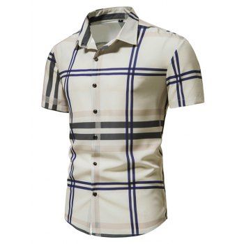 

Plaid Print Shirt Turn Down Collar Short Sleeve Summer Casual Button Up Shirt, Khaki
