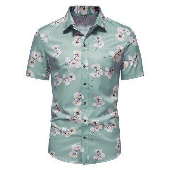 

Floral Print Shirt Short Sleeve Turn Down Collar Summer Casual Button Up Shirt, Light green