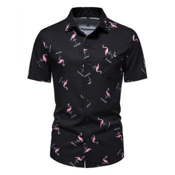 Flamingo Print Shirt Short Sleeve Turn Down Collar Front Pockets Summer Casual Button Up Shirt