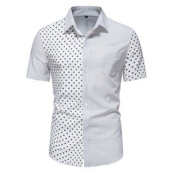 

Casual Shirt Polka Dot Print Front Pocket Turn Down Collar Short Sleeve Summer Button Up Shirt, White