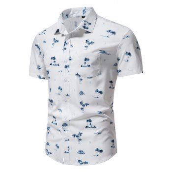 

Casual Button Up Shirt Coconut Tree Print Front Pocket Short Sleeve Turn Down Collar Summer Shirt, White