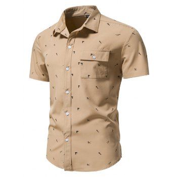 

Summer Button Up Shirt Tool Print Short Sleeve Turn Down Collar Front Flap Pocket Casual Shirt, Dark khaki