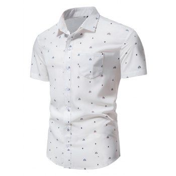 

Summer Shirt Geometric Print Short Sleeve Turn Down Collar Button Up Pockets Casual Shirt, White