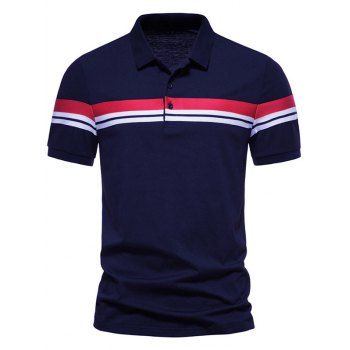 

Summer Casual T Shirt Colorblock Striped Print Short Sleeve Turn Down Collar Half Button Tee, Deep blue