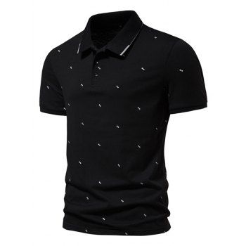 

Geometric Print T Shirt Turn Down Collar Half Button Short Sleeve Summer Casual Tee, Black