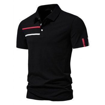 

Casual Summer T Shirt Half Button Striped Print Short Sleeve Turn Down Collar Tee, Black