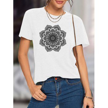 

Bohemian Flower Print T Shirt Short Sleeve Basic Summer Casual Top, White