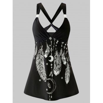 

Retro Dream Catcher Feather Print Twisted Cross Tank Top, Black