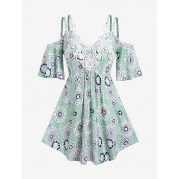 

Plus Size Cold Shoulder Lace Panel Printed Tee, Light green