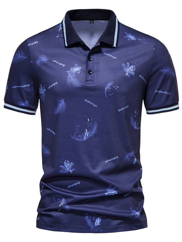 T-shirt D'Eté Décontracté à Imprimé Feuille et Fleur avec Demi-Bouton à Manches Courtes - Bleu XL