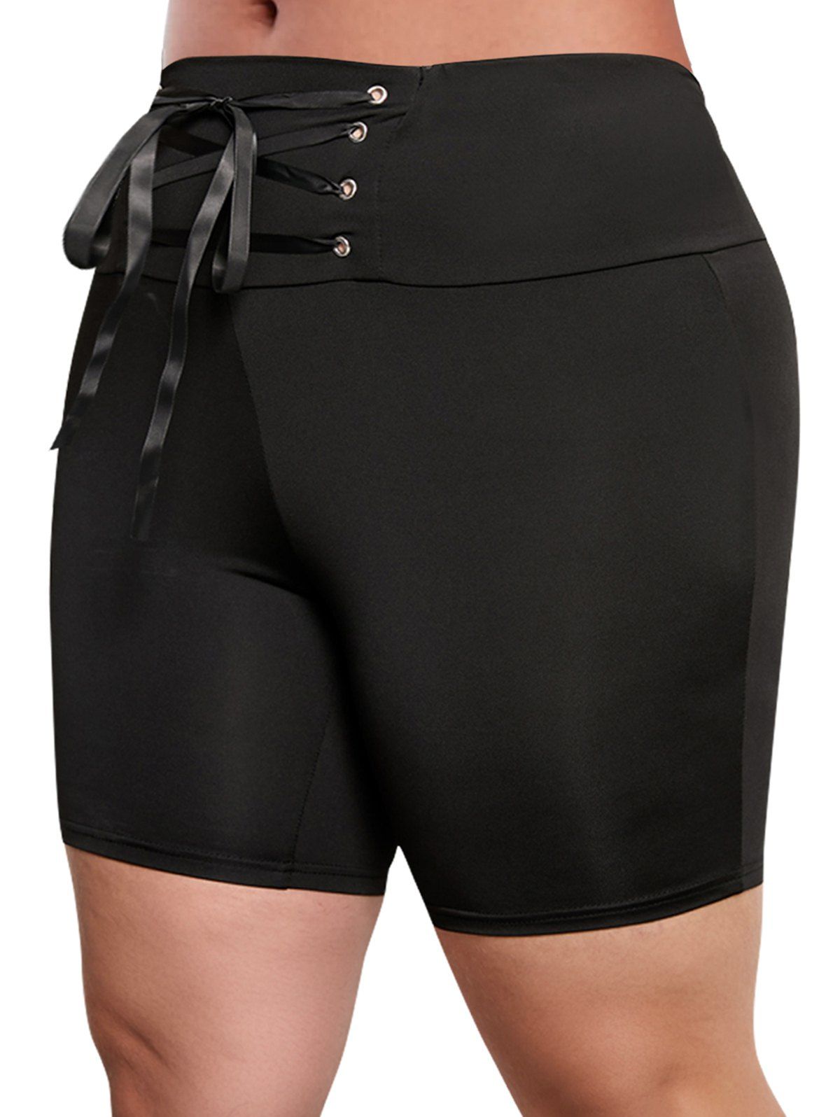 Plus Size Skinny Shorts Grommet Lace Up Solid Color Elastic Waist Summer Shorts - BLACK 1XL