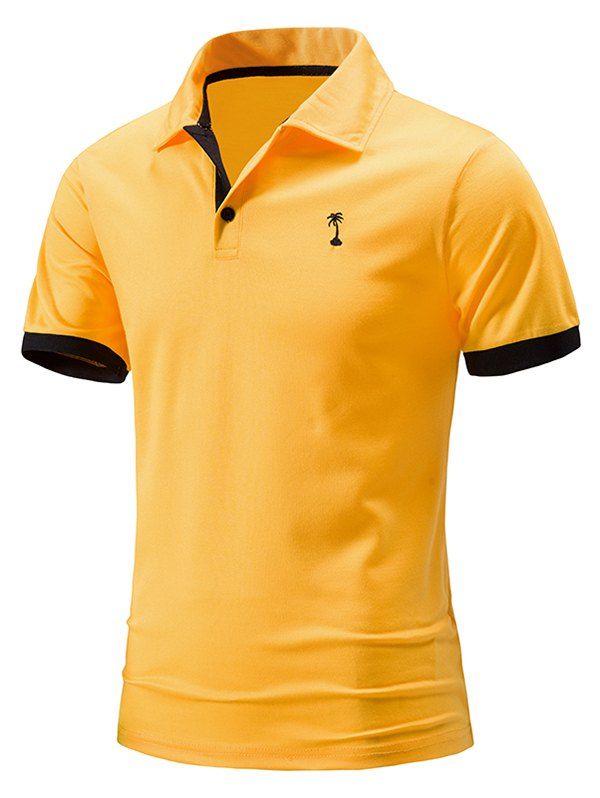 T-shirt d'Eté Décontracté en Blocs de Couleurs Cocotier Brodé Manches Courtes à Col Relevé - Orange XL