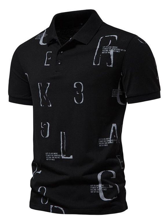 T-shirt D'Eté Décontracté à Imprimé Lettre avec Demi-Bouton Manches Courtes à Col Relevé - Noir XXL