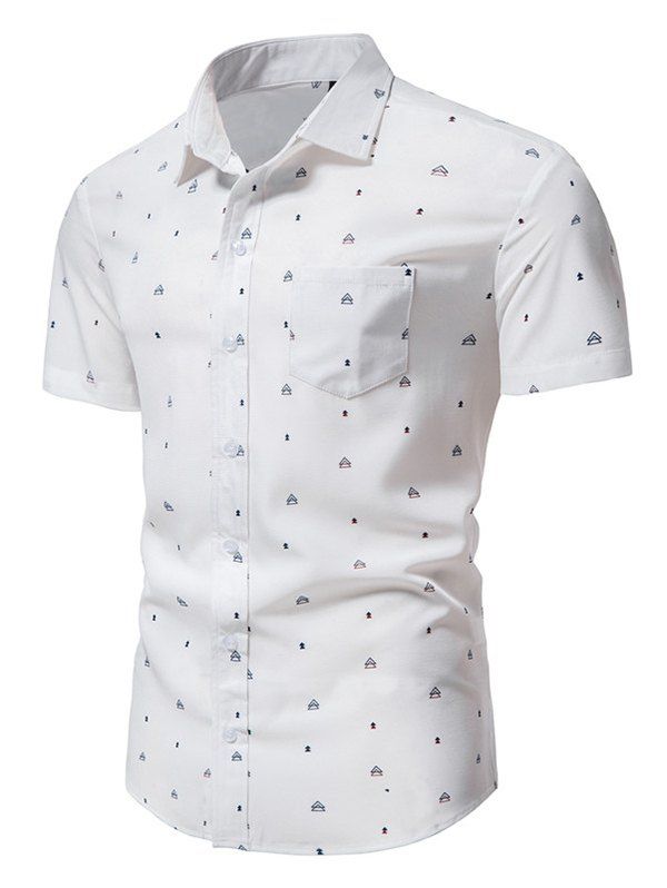 Summer Shirt Geometric Print Short Sleeve Turn Down Collar Button Up Pockets Casual Shirt - WHITE L