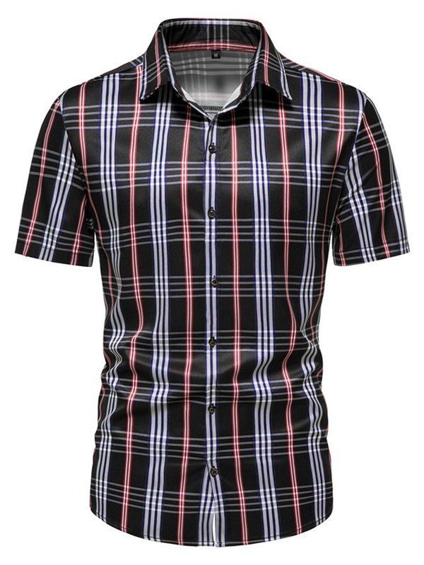 Vintage Button Up Shirt Plaid Print Short Sleeve Turn Down Collar Summer Casual Shirt - BLACK XXL