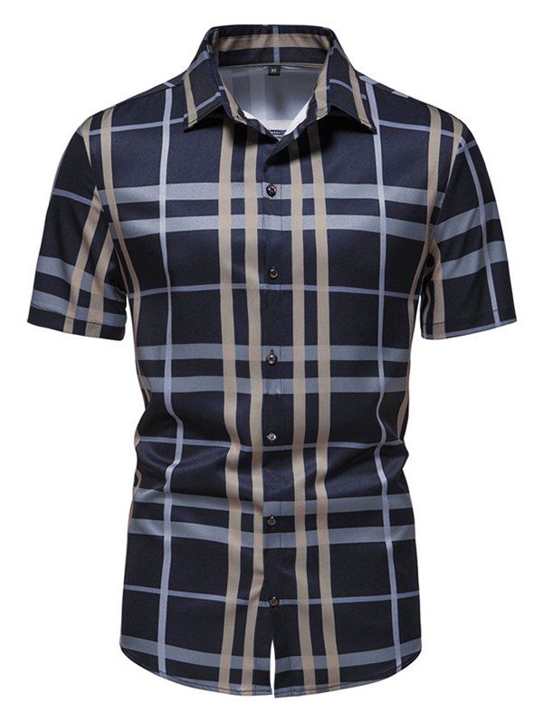 Vintage Shirt Plaid Print Turn Down Collar Short Sleeve Summer Casual Button Up Shirt - CADETBLUE XL