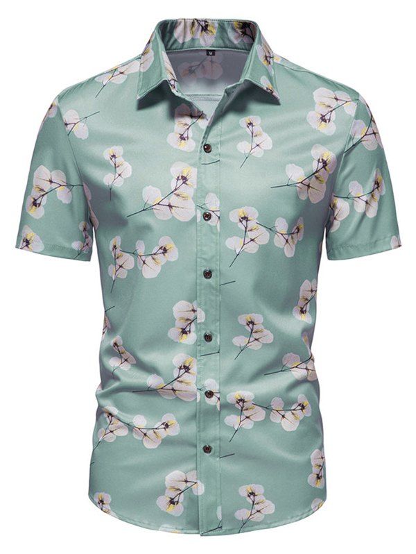 Floral Print Shirt Short Sleeve Turn Down Collar Summer Casual Button Up Shirt - LIGHT GREEN L
